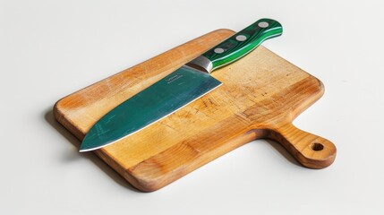 Green knife on cutting board in a white background