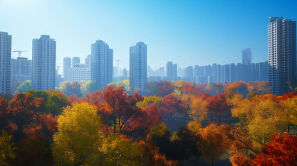 Autumn cityscape with skyscrapers and vibrant foliage.