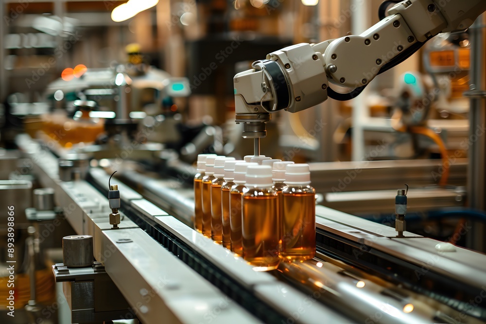 Poster automated bottling process in a modern factory