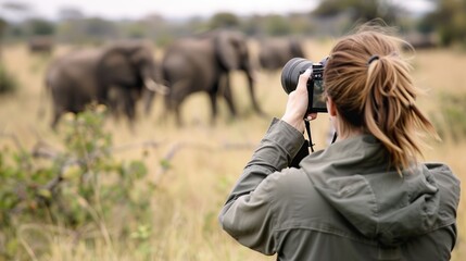 A photographer in a green jacket takes a photo of a group of elephants in the wild savanna, highlighting the beauty of wildlife photography and nature conservation.