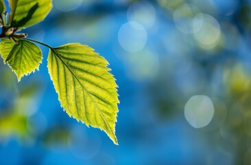 green leaves against the blue sky, with a blurred background