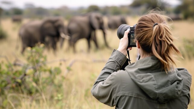Fototapeta A photographer in a green jacket takes a photo of a group of elephants in the wild savanna, highlighting the beauty of wildlife photography and nature conservation.