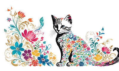 Cat silhouette with watercolor flowers
