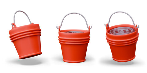 Metal red bucket with water in different positions. Set of vector elements on white background