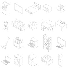 Isometric Everyday Household Items Outline Vector Illustration