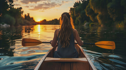 Fototapeta premium Indulge in a tranquil sunset kayaking experience on a serene river