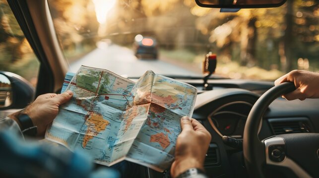 A passenger in a car holds a world map, symbolizing the vastness of travel and endless possibilities while on a scenic road surrounded by lush greenery and natural beauty.