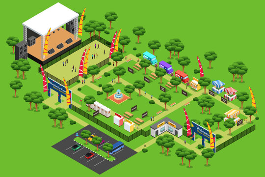 Concert Music Festival Summer Isometric Map in a Park Vector Illustration