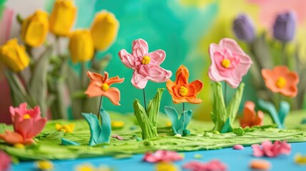 Spring themed card made by child using colorful paper and clay Handcrafted kids project