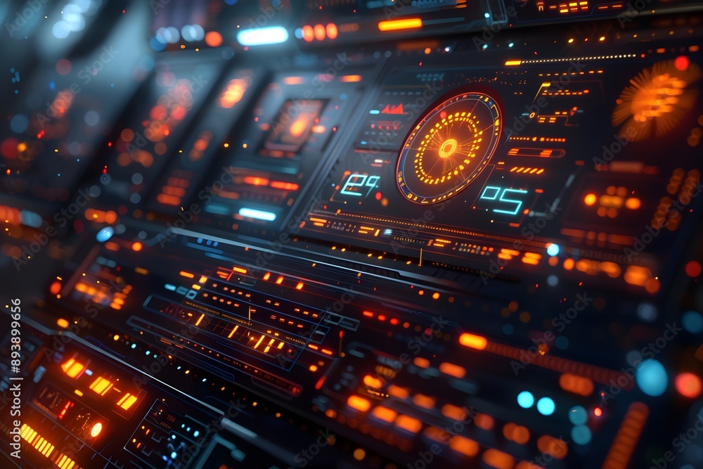 Poster futuristic control panel with glowing interfaces and data displays