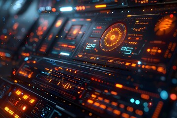 Obraz premium Futuristic Control Panel with Glowing Interfaces and Data Displays