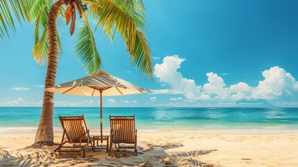 A serene beach setting with two wooden chairs and a white umbrella under a palm tree, with clear blue waters and a bright sky creating a perfect tropical escape.