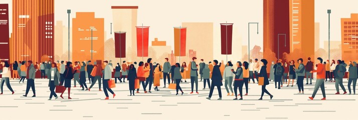 Vibrant cityscape dominated by orange, red hues. Towering buildings in background, crowd of people in foreground. Minimalistic illustration of diverse group on political rally meeting in downtown