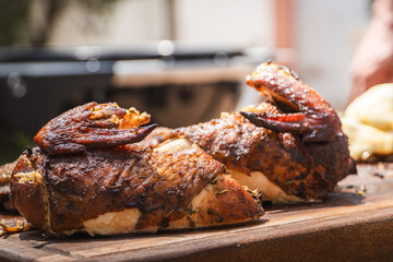 Peruvian classic food rotisserie chicken.