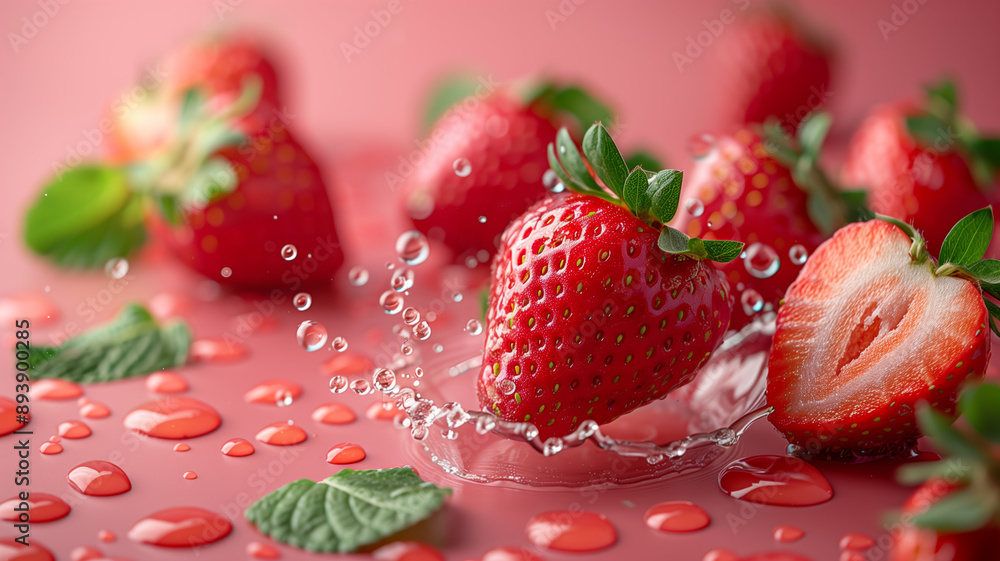Poster A close up of a bunch of strawberries with a splash of water on the table. The water droplets create a sense of movement and freshness, while the strawberries themselves are bright and inviting