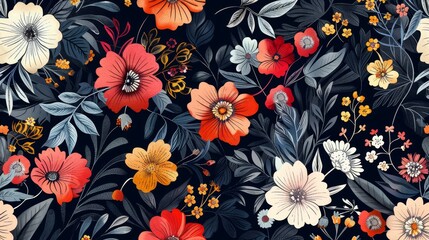 A mesmerizing floral pattern featuring red, orange, and white flowers against a dark background. The design symbolizes nature, beauty, growth, vibrancy, and serenity. - A mesmerizing floral pattern fe