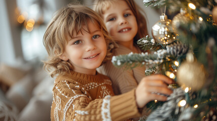 Children decorating for New Year's and Christmas, emphasizing cherished family customs.
