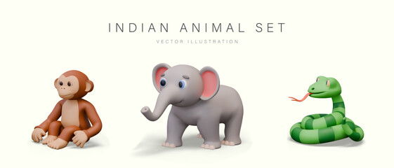 Set of isolated Indian animals in 3D style. Cheerful monkey, elephant, snake