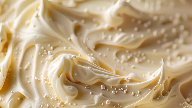 A closeup of a soft whipped body butter with visible specks of shea butter cocoa butter and coconut oil all blending together to create a rich and creamy texture.