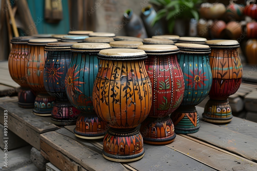 Poster vibrant handcrafted drums displayed in a rustic setting