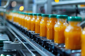Fototapeta premium Bottling Process of Fresh Orange Juice in a Modern Factory