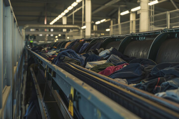 An industrial conveyor belt filled with sorted clothes in a large facility, suggesting a recycling or sorting process in a vast space.