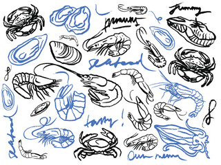 Isolated vector set of hand drawn seafood. Shrimps, langoustines, prawns, salmon, trout, oysters, mussels, squid, crab, lemon, octopus, rosemary, sea urchin. Сhalk drawing. Chalkboard. 