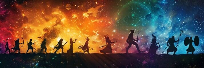 A group of fantasy heroes walk across a starry galaxy representing adventure, camaraderie, fantasy, power, and hope. - A group of fantasy heroes walk across a starry galaxy representing adventure, cam