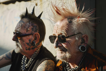 Two elderly punks with spiked hair, tattoos, and piercings bask in the golden sunlight, portraying a raw and authentic counterculture vibe.