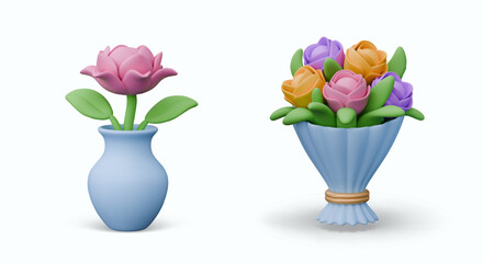 Realistic rose, peony in blue vase, bouquet of flowers in paper wrapper