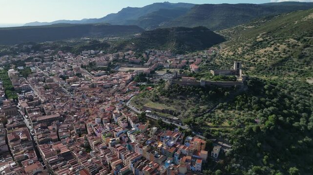 Aerial view of Bosa, a small colourful town near Oristano, Sardinia island, Italy.