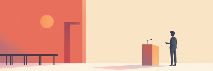 Fototapeta premium Minimalistic illustration of person standing at podium giving speech in room with red wall and white ceiling. Political theme with flat colors and clean lines. Illustration for elections concept.