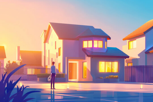 A man stands in front of a suburban house lit by the golden hues of sunset, holding keys, and suggesting a moment of homecoming or new beginnings.