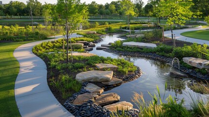 urban park design, a park with walking trails and a pond, offering a tranquil green space in the city for relaxation and outdoor fun