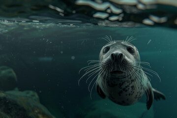 A seal curiously peers above the water's surface, revealing its adorable, whiskered face against a backdrop of calm waters.