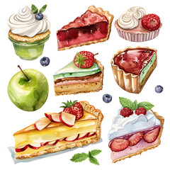 
WATERCOLOR clipart white background Apple Crumb Bars, pies and pastries, fruits, whipped cream in the style of pink and green, sky-blue and aquamarine, birthday event.