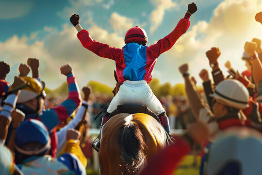 A victorious jockey on horseback celebrates amidst a cheering crowd, basking in the afternoon sunlight after a thrilling race at the racetrack.