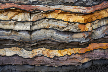 Close-up of layered rock formations with vivid shades of earth tones, capturing the natural beauty and geological textures.