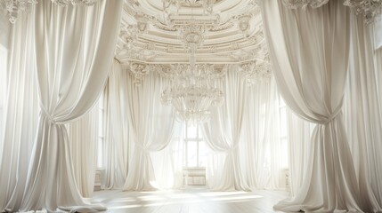 A luxurious room with white curtains a crystal chandelier and a classic interior design