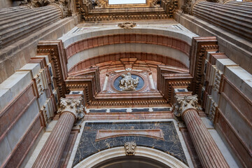 Obraz premium Architectural details of entrance to Malaga Cathedra. Cathedral is Roman Catholic Church (Santa Iglesia Catedral Basilica de la Encarnacion), was constructed in 1528 -1782. Malaga, Andalusia, Spain.