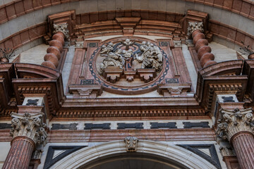 Fototapeta premium Architectural details of entrance to Malaga Cathedra. Cathedral is Roman Catholic Church (Santa Iglesia Catedral Basilica de la Encarnacion), was constructed in 1528 -1782. Malaga, Andalusia, Spain.