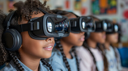 Students using virtual reality glasses in learning, A group of young girls wearing virtual reality goggles. The girls are smiling and looking at something in the distance