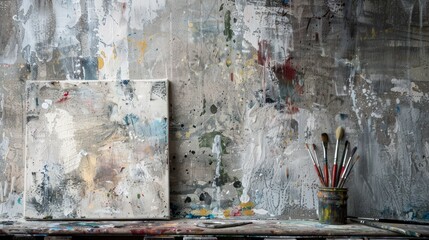 An artists studio with a blank canvas ready for a new masterpiece amidst paint splatters and brushes