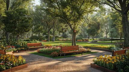 Obraz premium urban park with wooden benches and flower beds, ideal for a picnic and relaxation, showcasing green space design