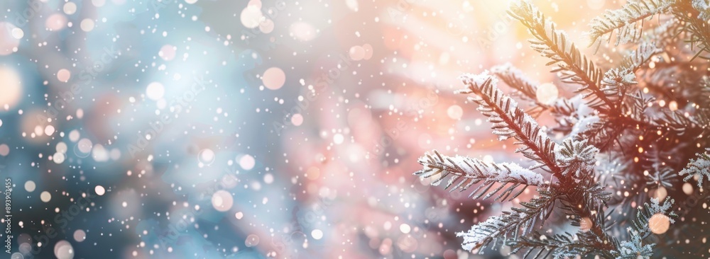 Aufkleber blurred background of a winter forest with falling snowflakes in pastel colors with a bokeh effect, 
