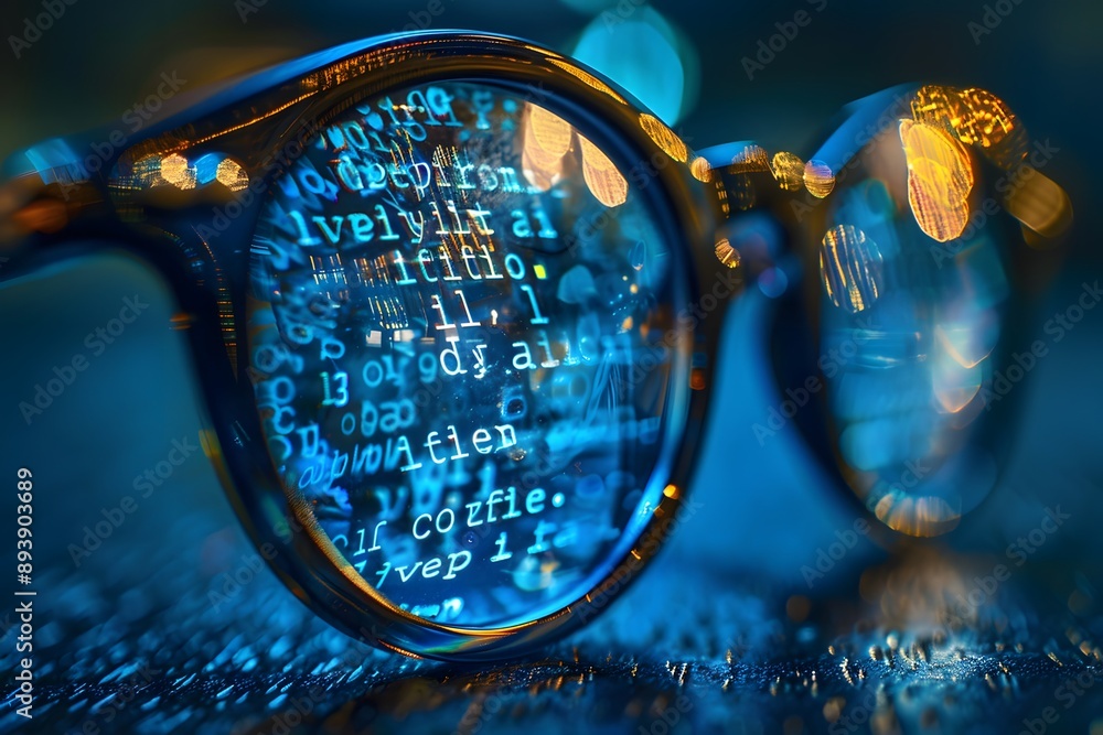Poster reflections of code: a close-up of glasses with digital data and bokeh lights