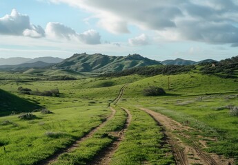 Fototapeta premium green grassy field with dirt roads and hills in the background