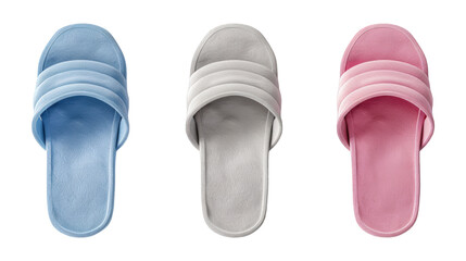 Collection Of Mixed Comfort Slippers Grey Blue And Pink For Cozy Home Living And Promotions isolated on transparent background. Generative ai