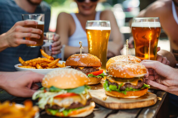 A cheerful group enjoying burgers and beer outdoors, with a focus on the food and drinks in the foreground.