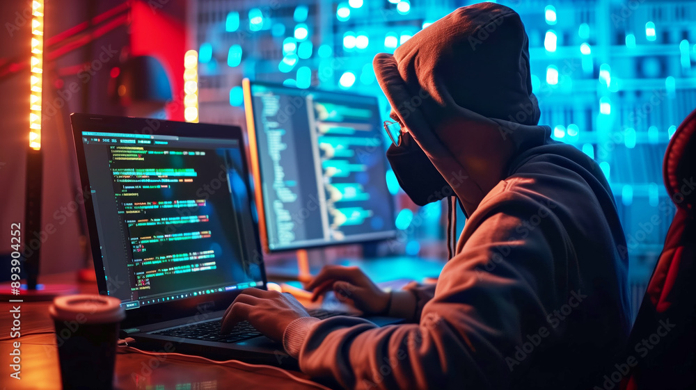 Aufkleber A man in a hoodie is typing on a laptop computer. He is wearing a mask and he is working on a computer program. The room is dimly lit, and there are two monitors on the desk